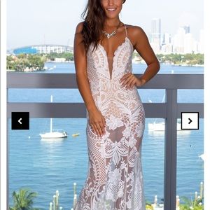 White and Nude Embroidered lace maxi dress